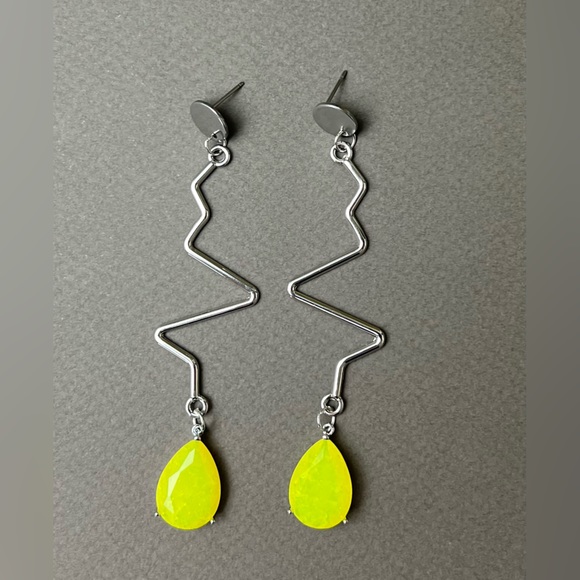 Minimalist Retro Silver & Yellow Earrings - Mid-Century Long Statement Earrings - Picture 7 of 15